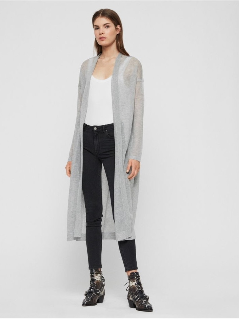 AllSaints Heathered Oatmeal Fine Knit Duster Cardigan Sweater Size Small